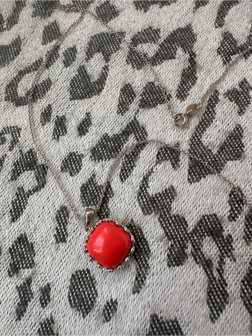 Sterling Silver Necklace with Cushion Cobochan Coral Pendant